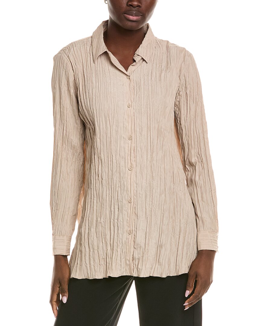 Eileen Fisher Classic Collar Silk Crinkle Shirt In Neutral