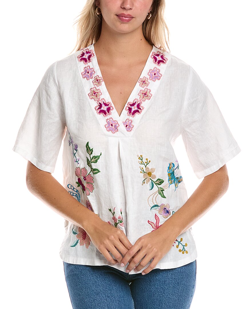 Johnny Was V-neck Linen Blouse In White