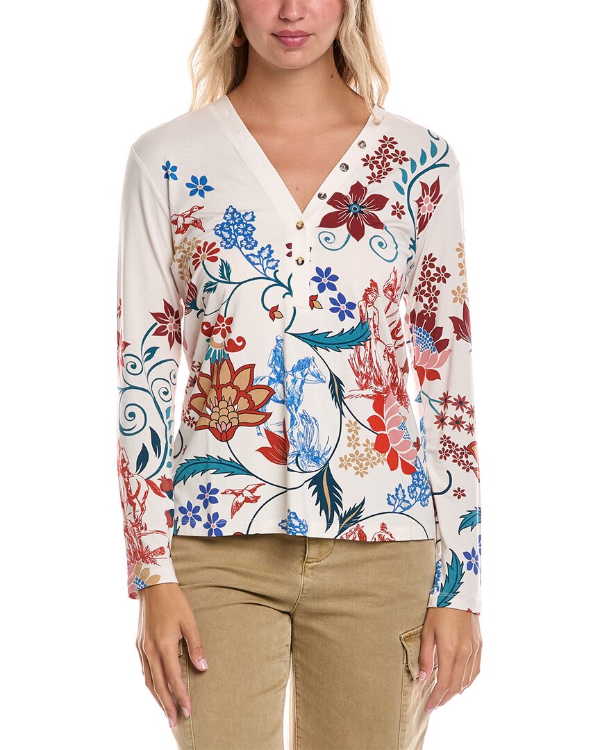 Johnny Was Janie Favorite Long Sleeve Button Henley In Prazer Print In White
