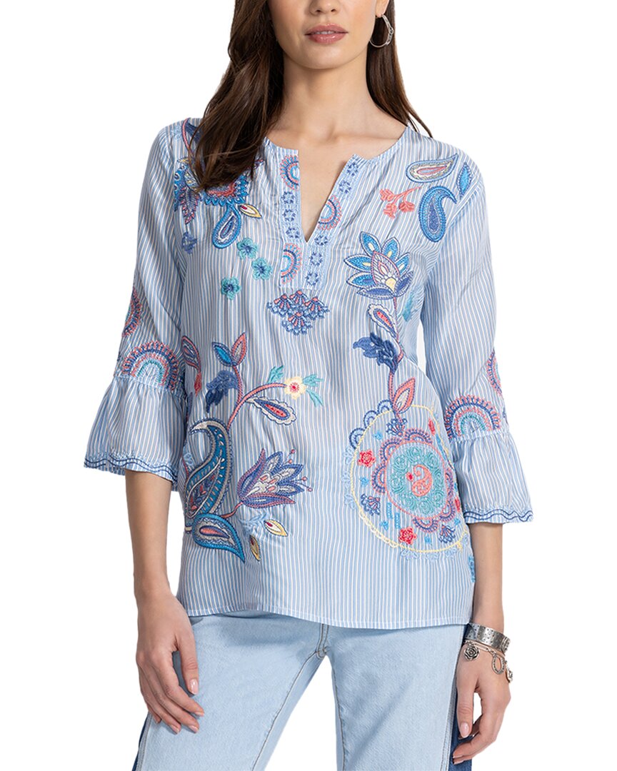 Johnny Was Neilly Ruffle Sleeve Blouse In Barine Stripe Bar In Blue