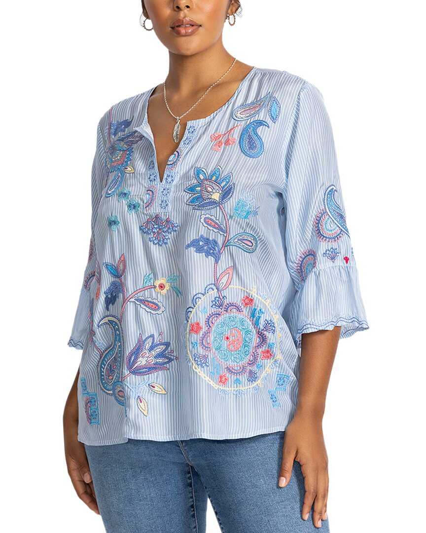 Johnny Was Plus Ruffle Sleeve Silk Blouse In Blue