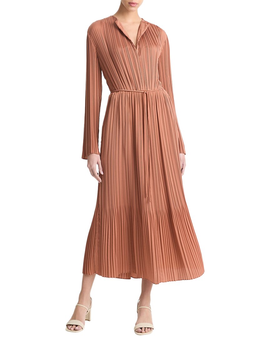 Vince Variegated Pleat Long Sleeve Midi Dress In Brown