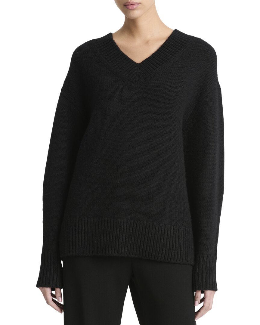 Vince Dropped-shoulder V-neck Wool & Cashmere-blend Top In Black