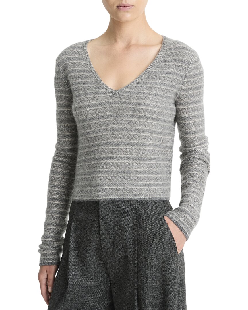 Vince Fair Isle V-neck Long Sleeve Tee In Heather Grey Combo In Gray