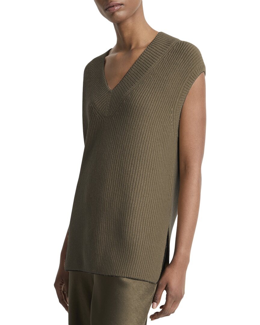 Vince Ribbed V-neck Wool & Cashmere-blend Vest In Green