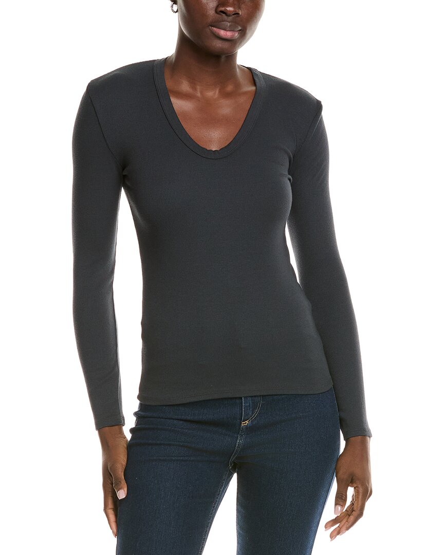 Perfectwhitetee Rib Stripe Luxe U-neck T-shirt In Black