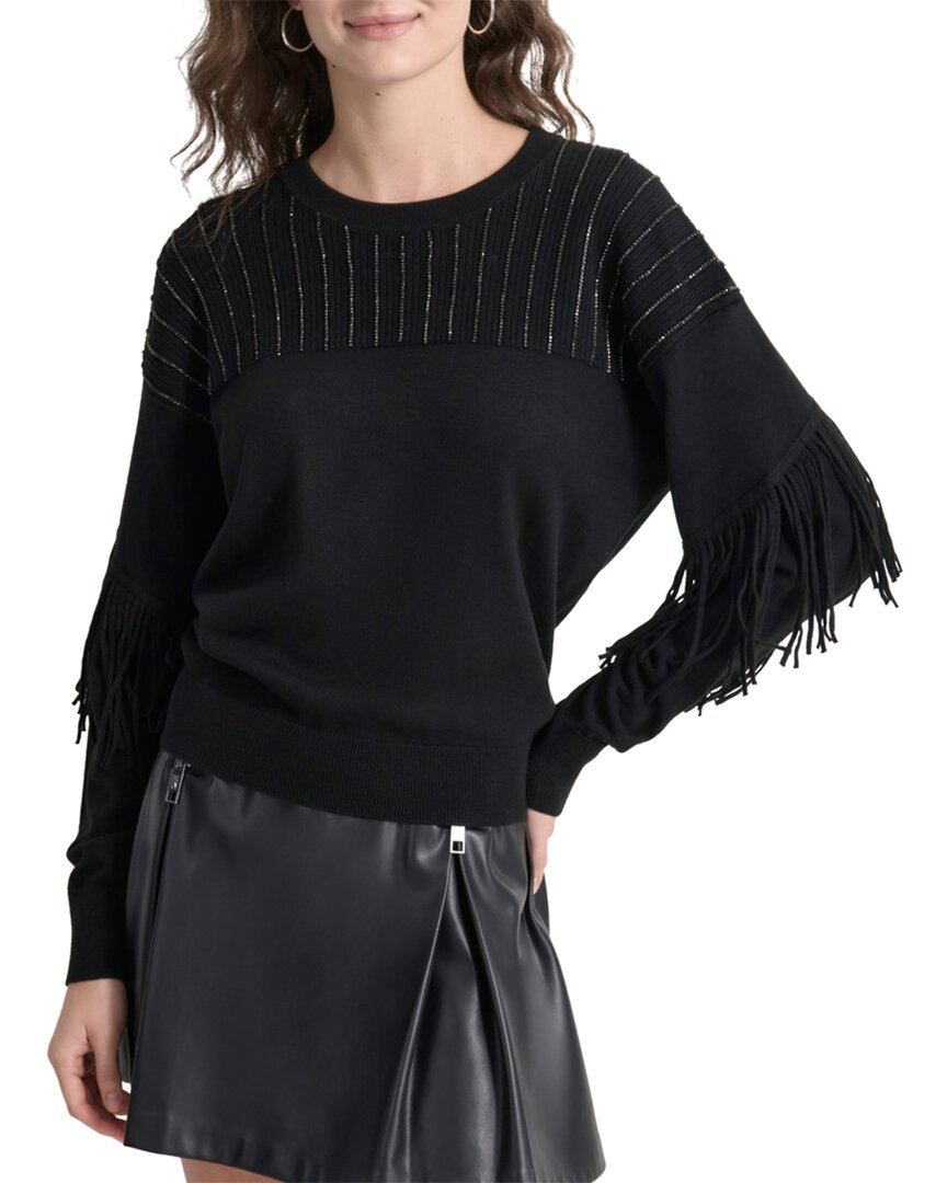 Dkny Fringe Sweater In Black