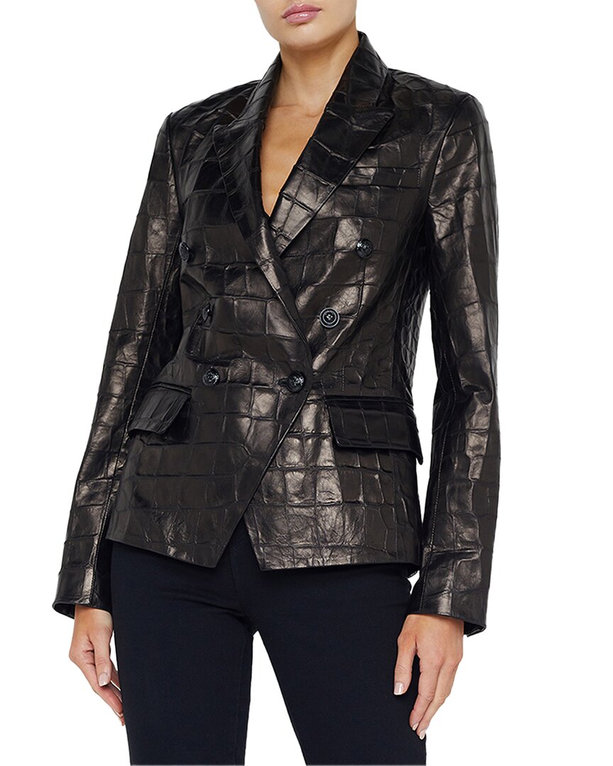 L'agence Kenzie Croc-embossed Faux Leather Double-breasted Blazer In Black