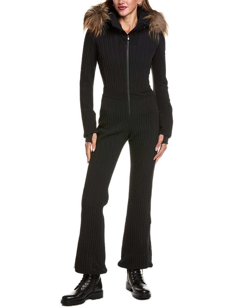 Post Card Quilted Fur-trim Bodysuit In Black