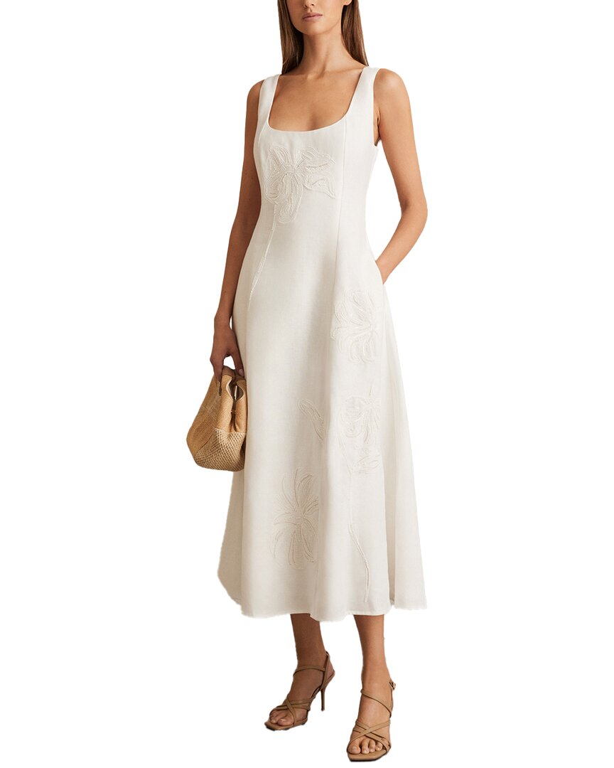 Reiss Elise Linen Floral Embroidered Dress In White