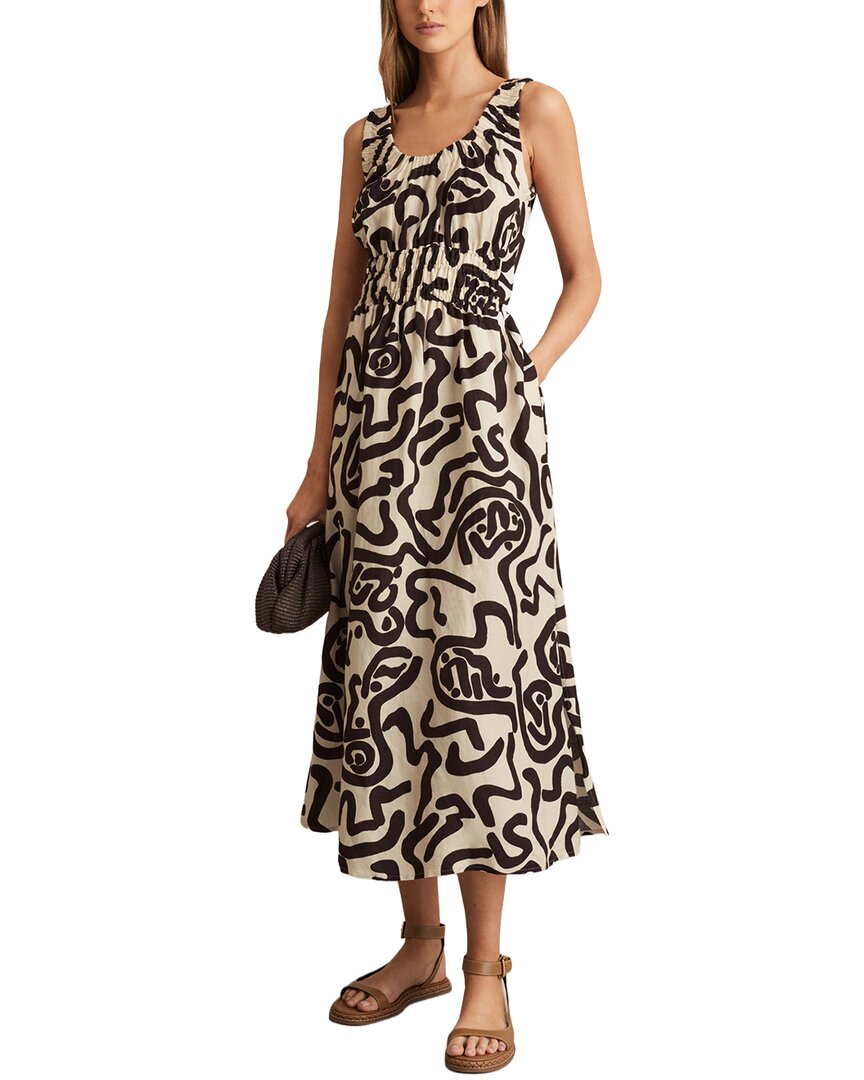 Reiss Brown/Ivory Akari Ruched Mono Print Linen-Blend Midi Dress