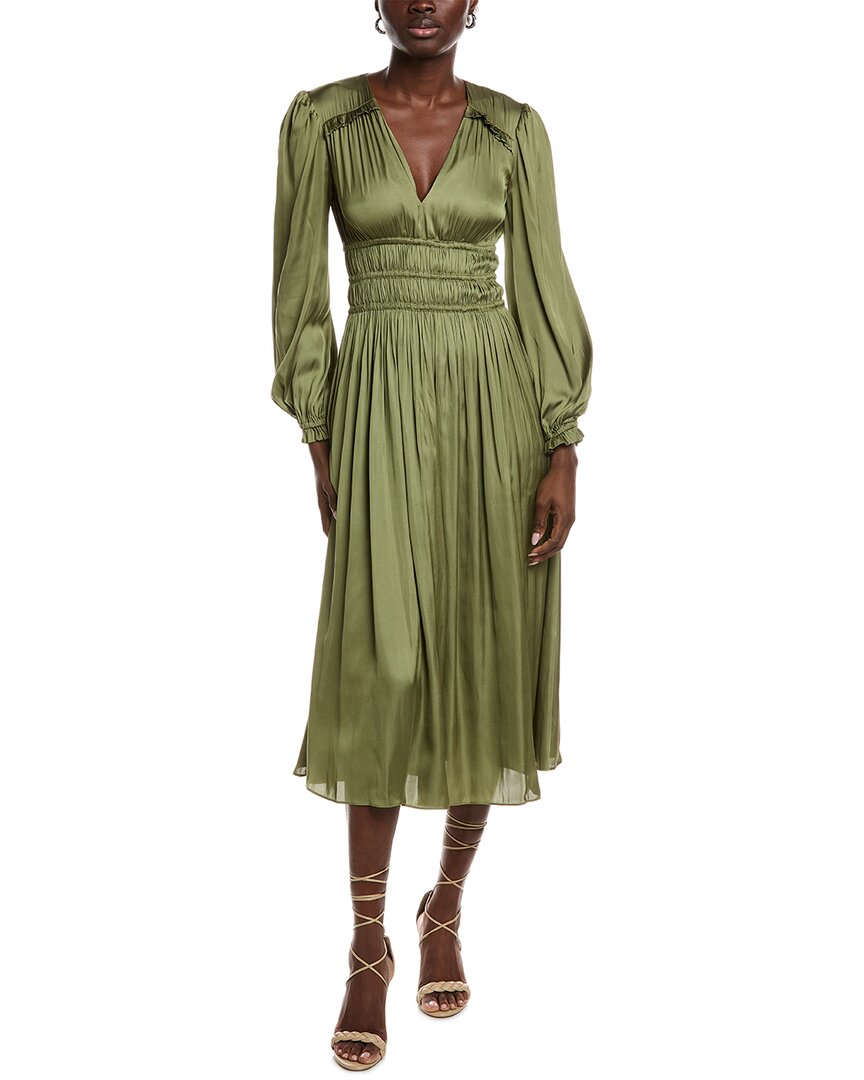 Maje Smocked Waist Midi Dress In Green