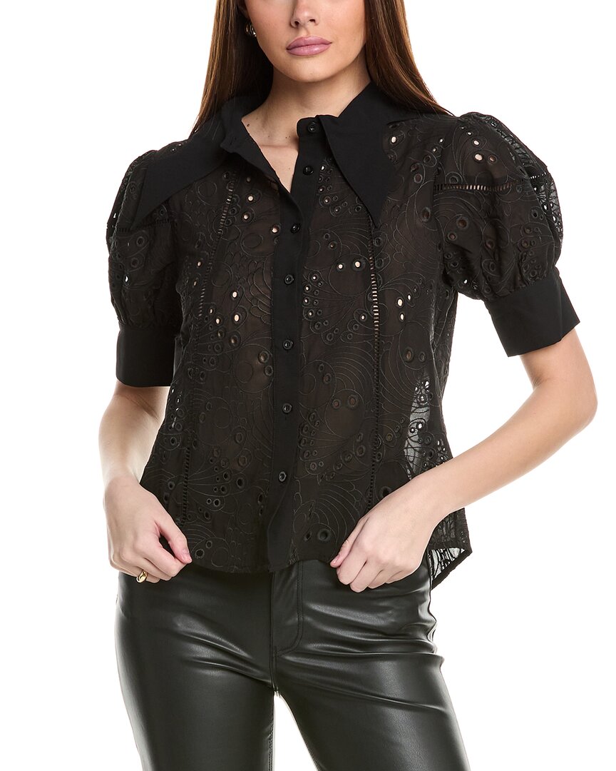 Gracia Puff Sleeved Eyelet Top In Black