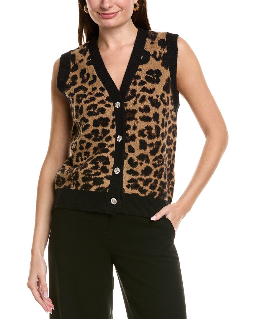 Ellen Tracy Leopard Print Button Front Sweater Vest In Brown