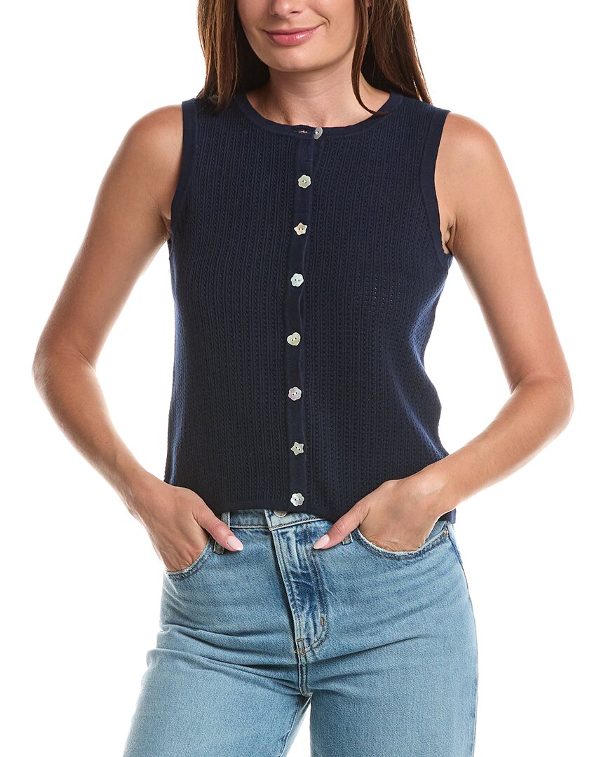 Cece Pointelle Button Up Top In Navy