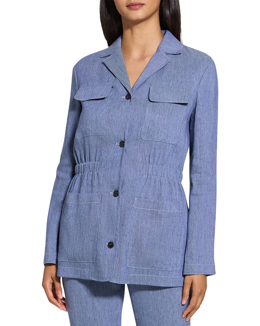 Theory Denim Pattern Cinched Waist Linen Blend Jacket In Light Denim