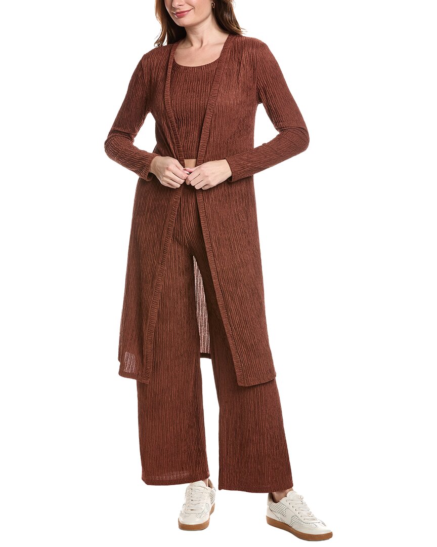 Marion 3pc Crinkle Cardigan Set In Brown