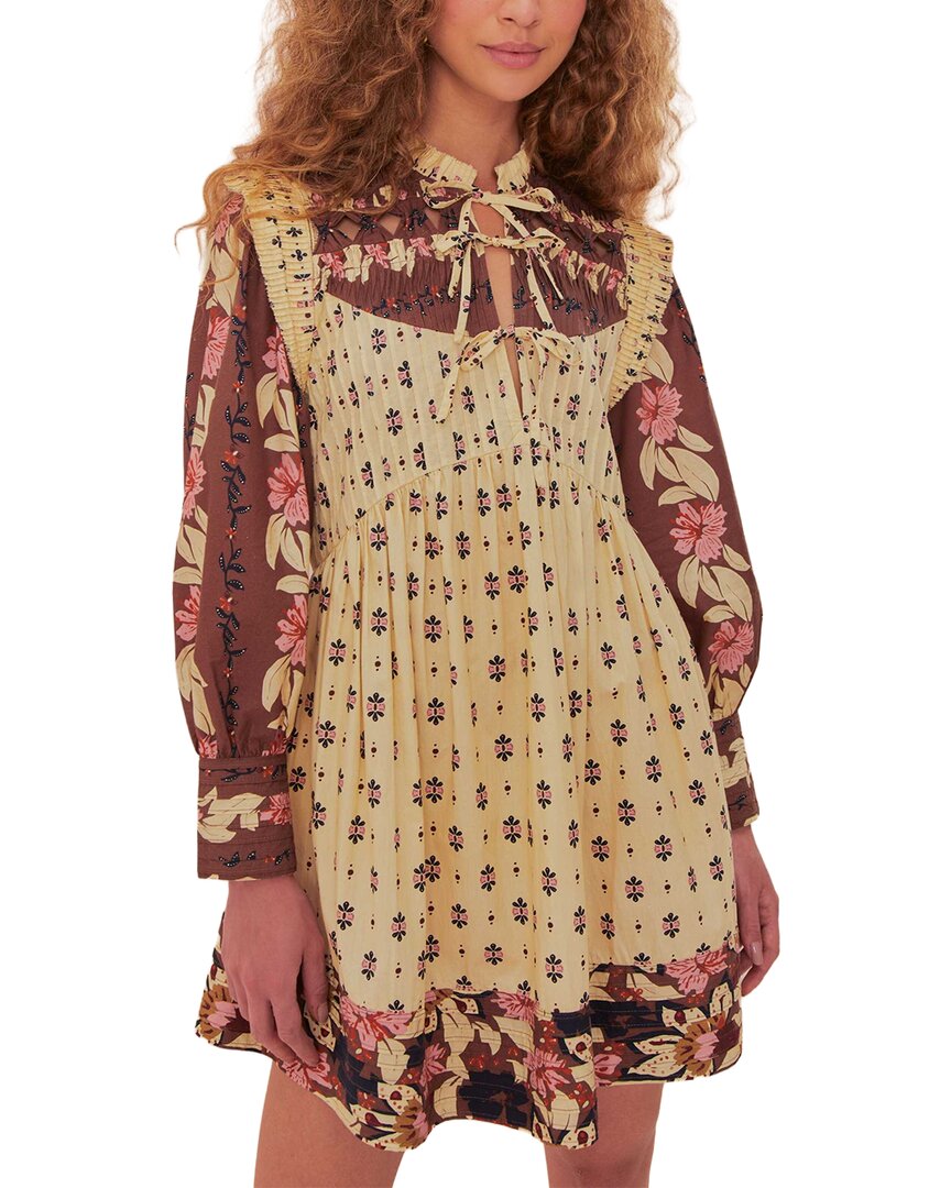 Farm Rio Ainika Maxi Floral Cream Open Yoke Mini Dress In Brown