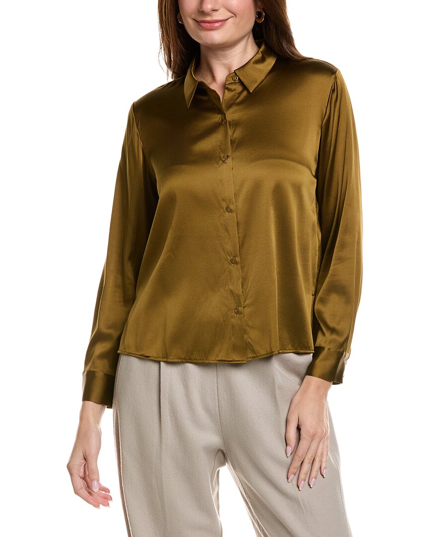 Eileen Fisher Petite Charmeuse Classic Collar Silk-blend Shirt In Green