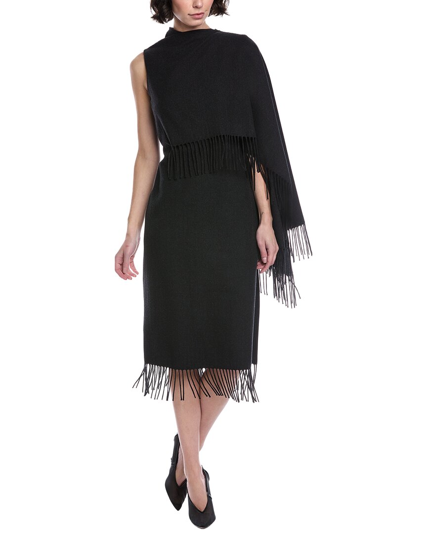Oscar De La Renta Fringed Cape Wool Midi Dress In Gray