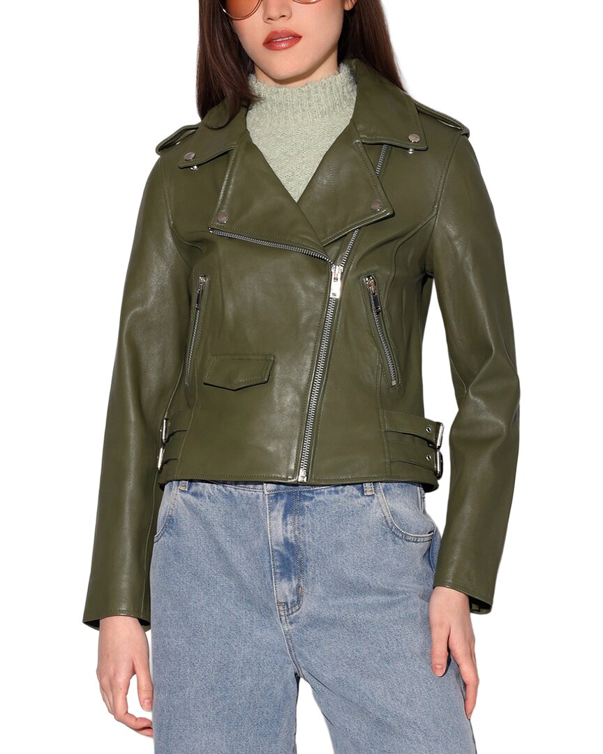 Walter Baker Liz Leather Crop Moto Jacket In Green