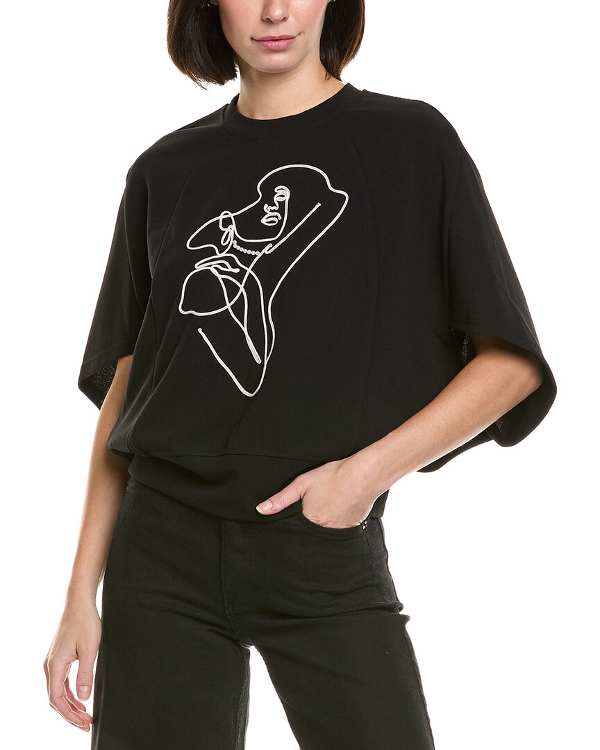 Gracia Abstract Face Embroidered Puff Sleeve Top In Black