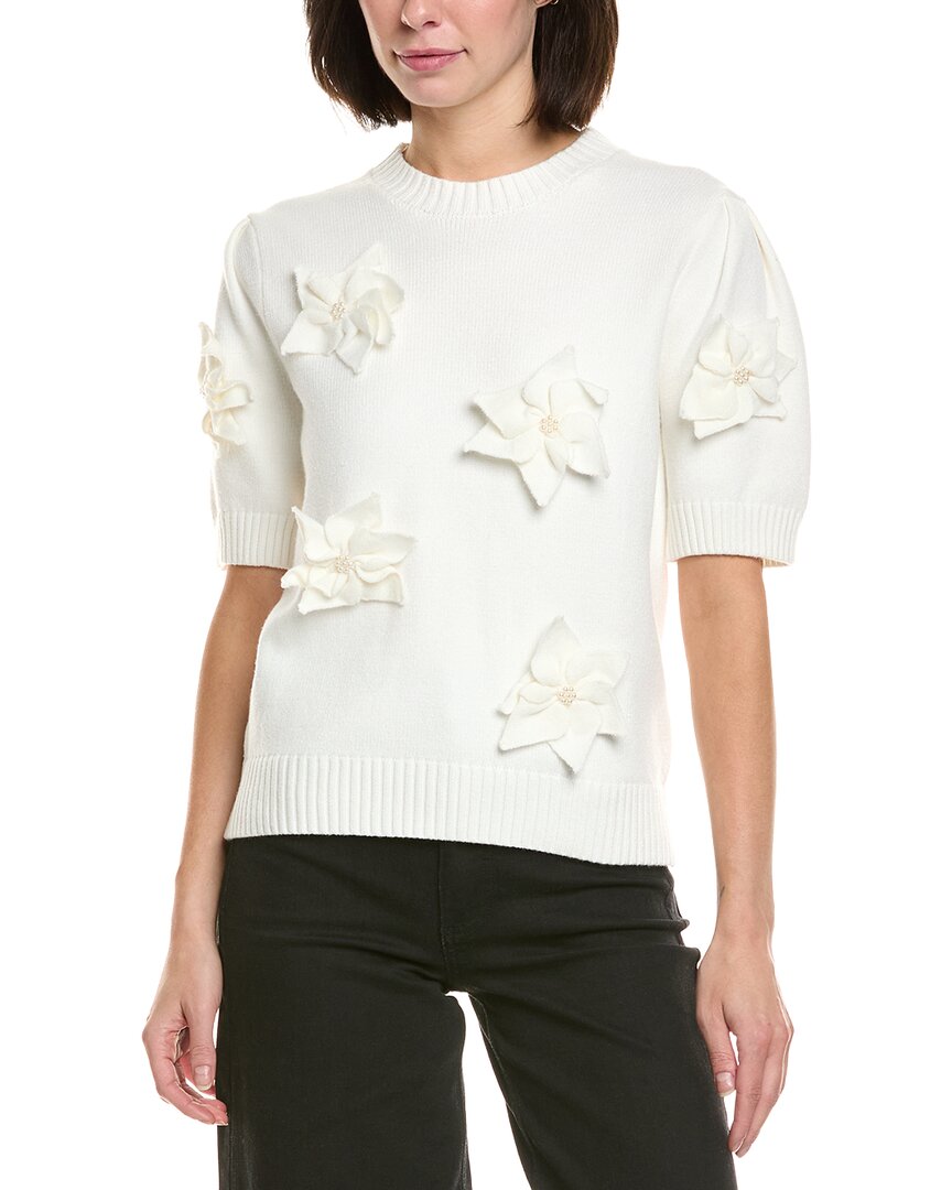 Gracia Floral Rib Neck Knit Top In White