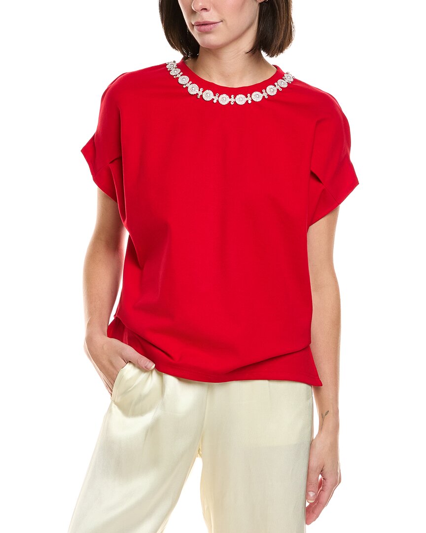 Gracia Pearl Work Round Neck Top In Red