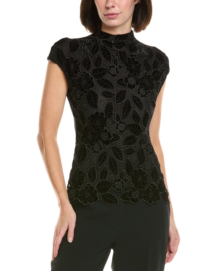 Gracia Floral Lace Front Mock Neck Top In Black