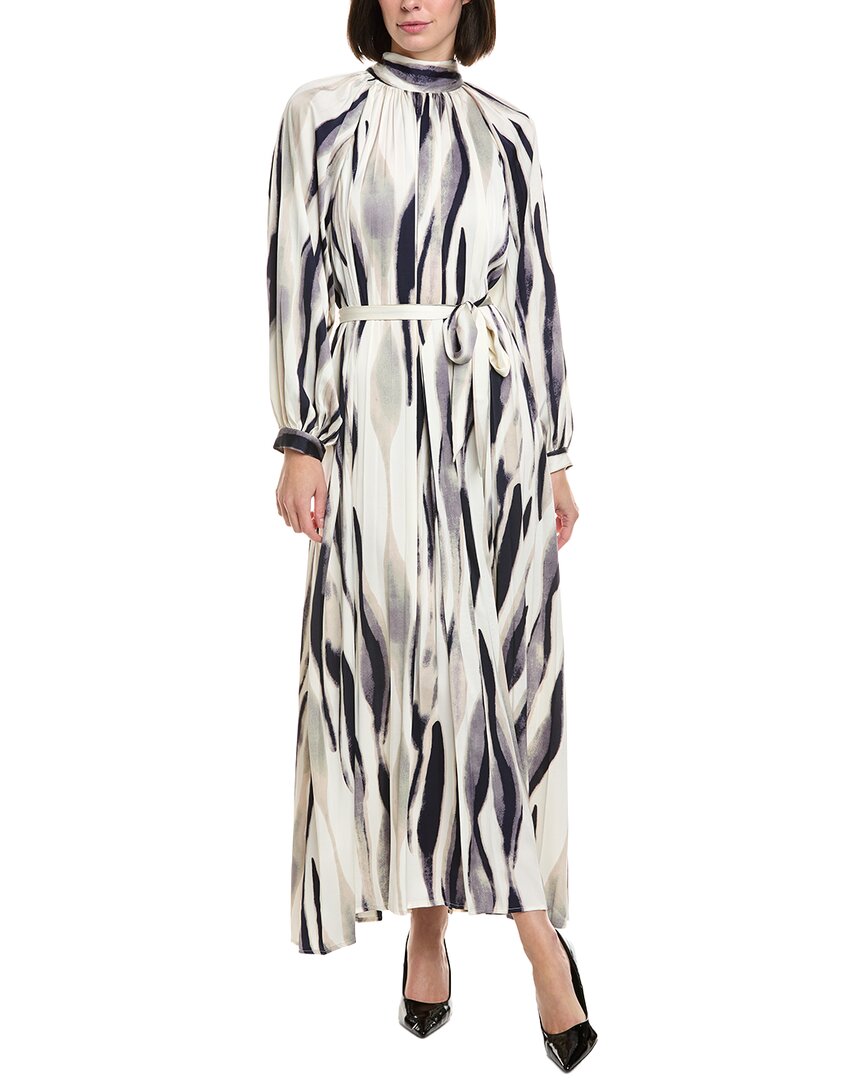 Tie Belted Graphic Print Pleated Maxi Dress in White
