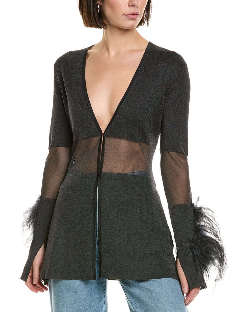 Lapointe Sheer Intarsia Ostrich-trim Top In Gray