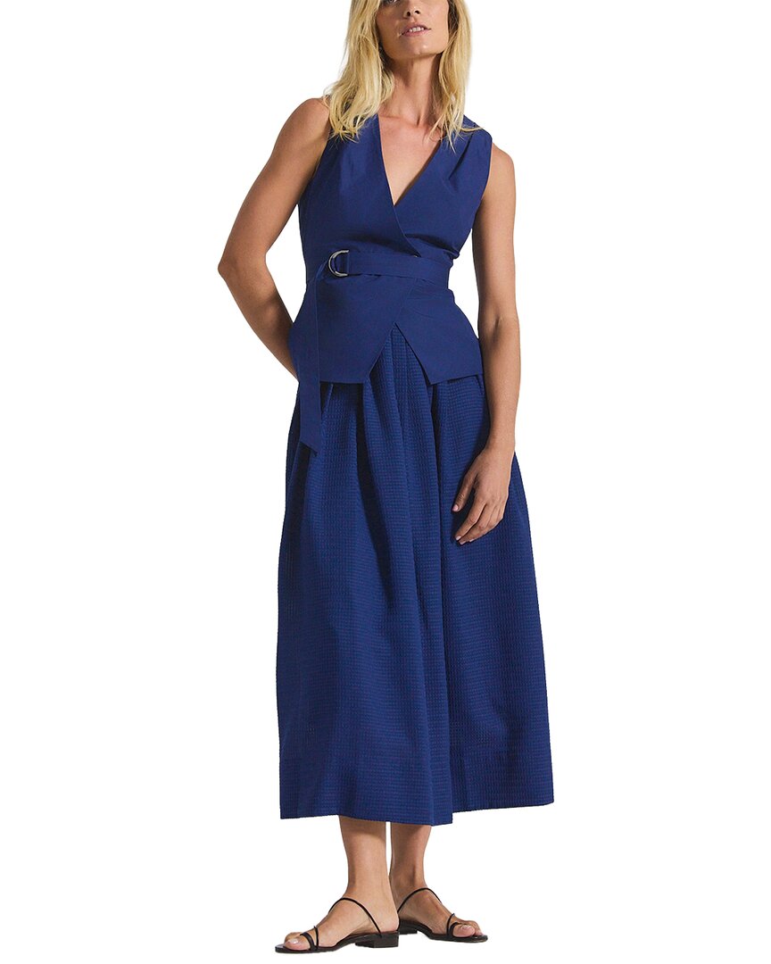 Derek Lam 10 Crosby Annika Mixed Media Mini Grid Georgette Midi Dress In Sailor Navy In Blue