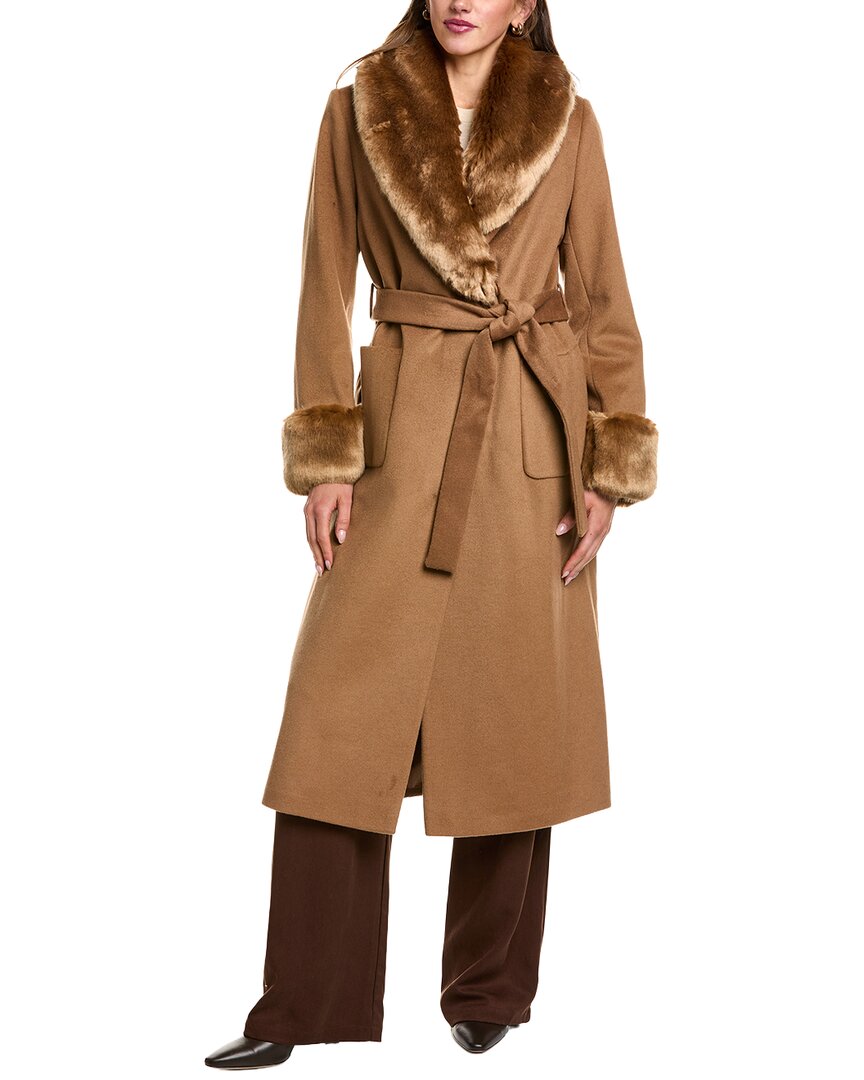 Via Spiga Wool Blend Coat With Faux Fur Trim In Brown