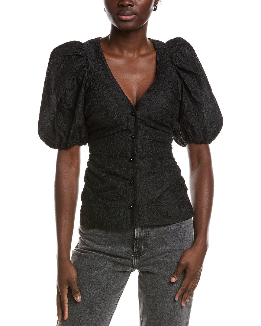 Ganni Jacquard Organza Gathered V-neck Blouse In Black