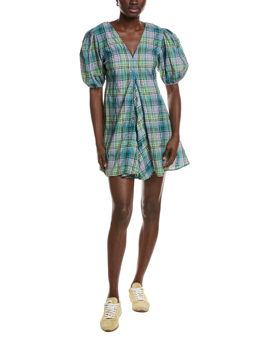 Ganni Seersucker Check V-neck Mini Dress In Multi