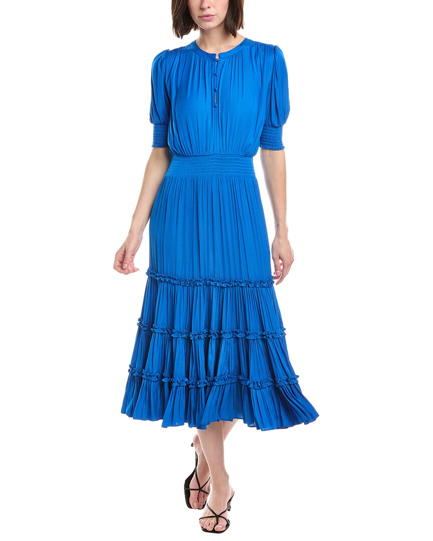 T Tahari Elbow Sleeve Split Neck Tiered Midi Dress In Blue