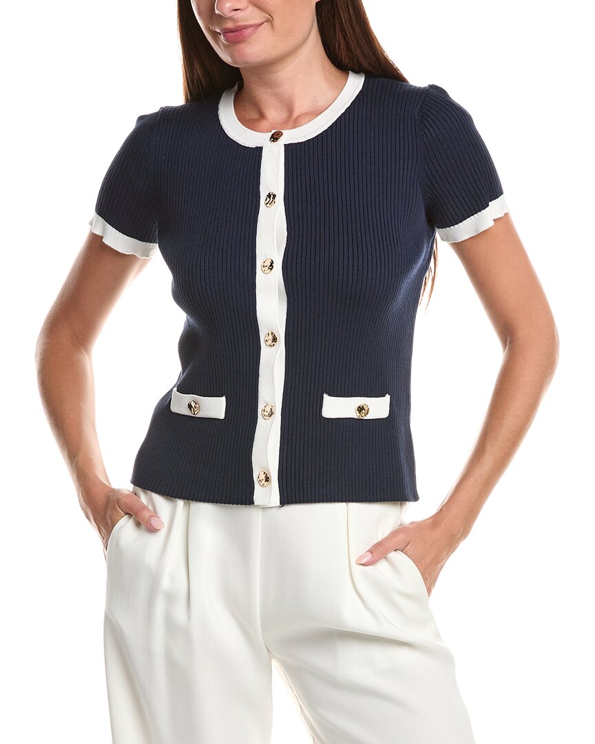 T Tahari Striped Button Cardigan In Navy