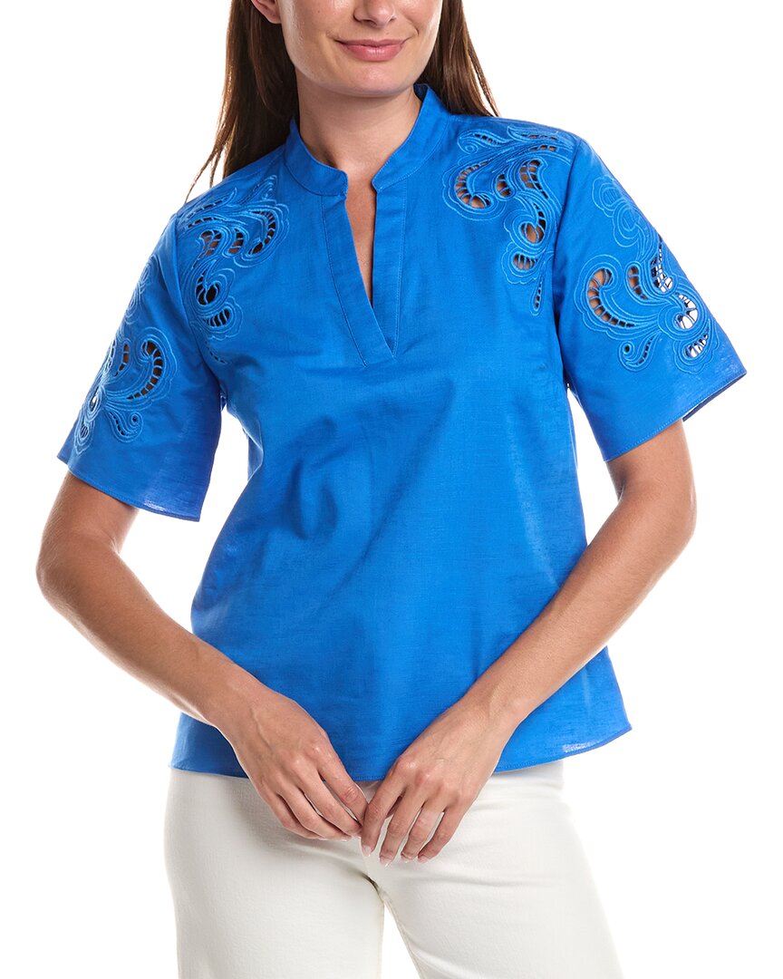 T Tahari Linen-blend Solid Blouse In Blue