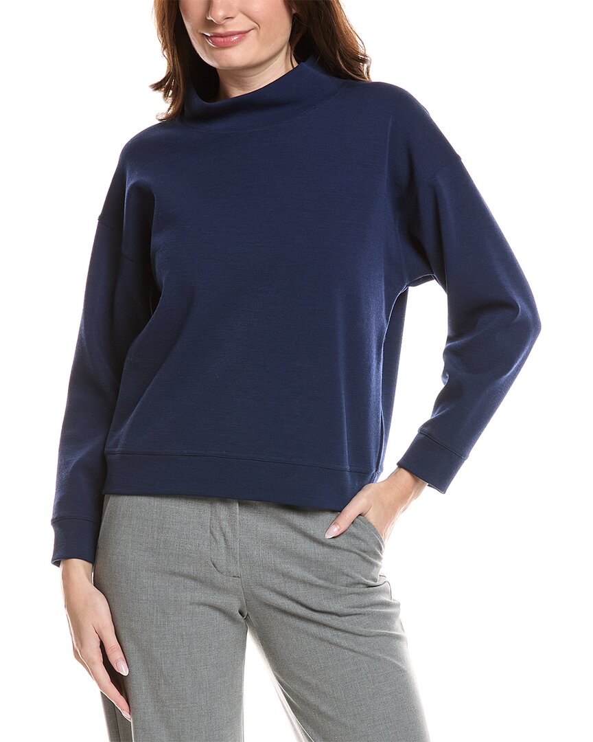 Lafayette 148 New York Ballet Studio Mock Neck Wool-blend Sweatshirt In Blue
