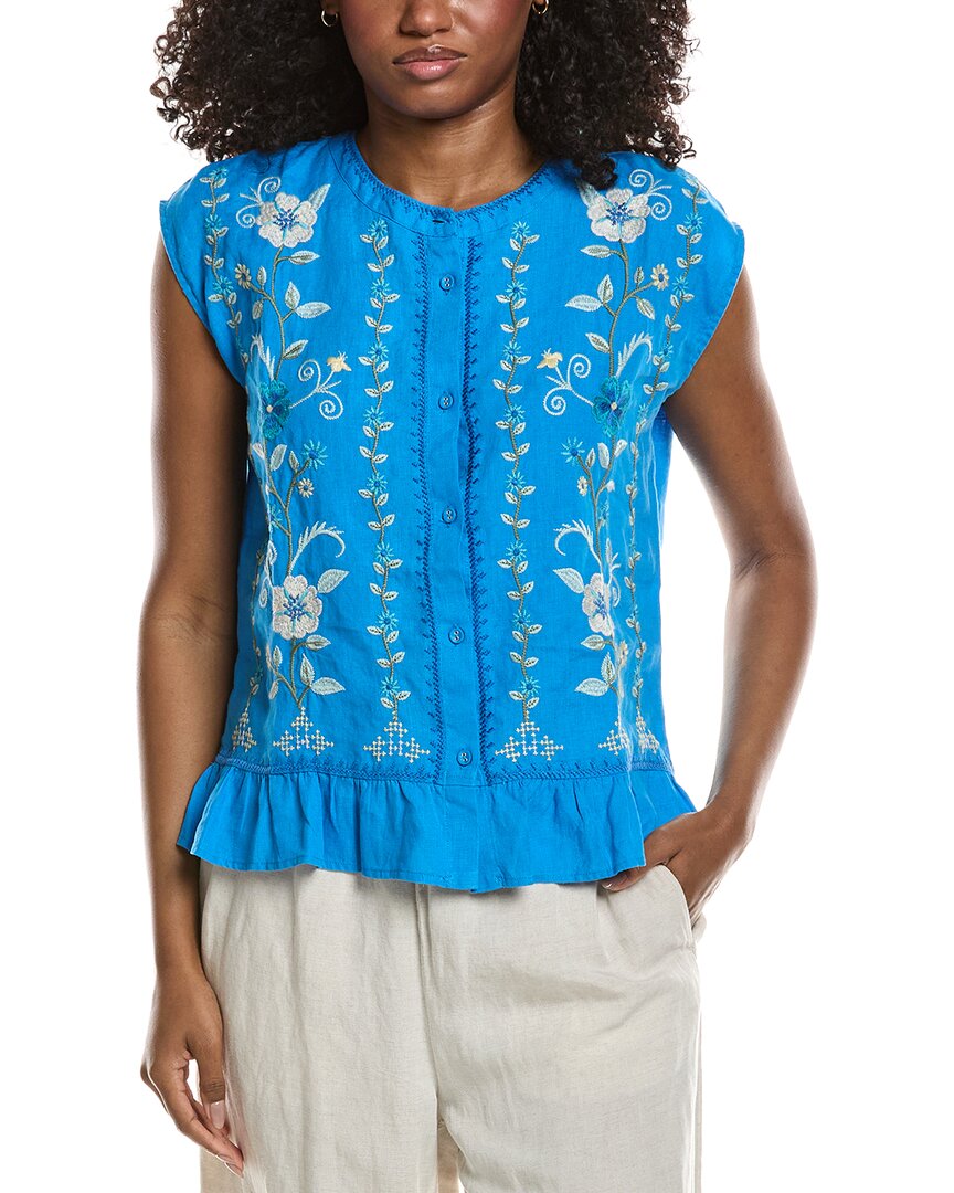 Johnny Was Peplum Cap Sleeve Linen Blouse In Blue