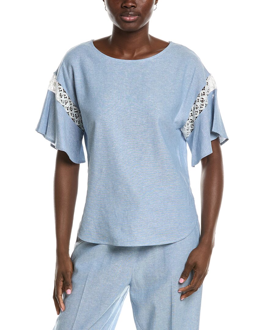 Anne Klein Batteau Neck Linen-blend Blouse In Blue