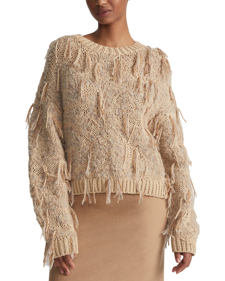 Lafayette 148 New York Hand Knit Fringed Crewneck Sweater In Sand