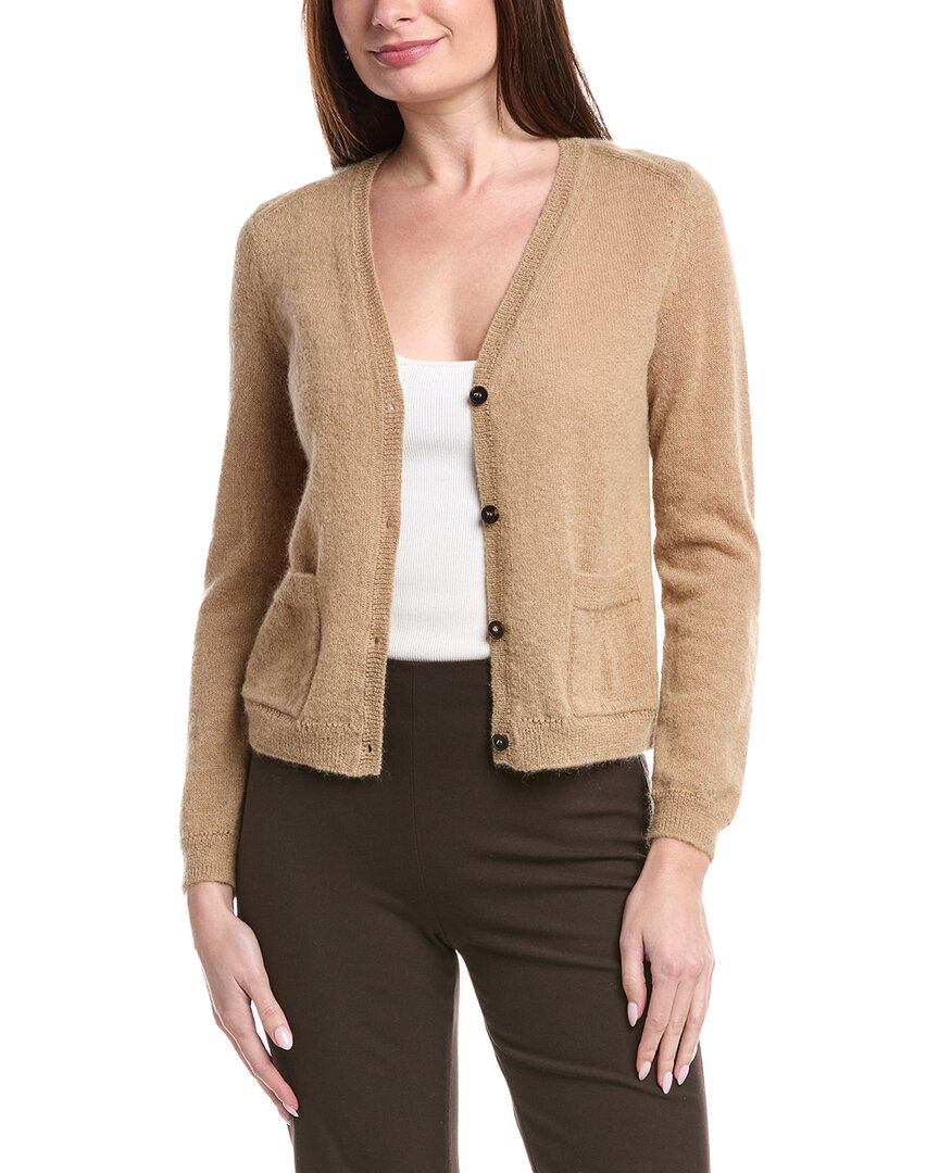 Lafayette 148 New York Patch Pocket V-neck Mohair & Alpaca-blend Cardigan In Brown