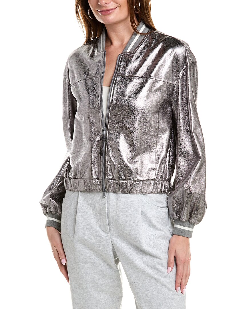 Brunello Cucinelli Laminated Leather Bomber Jacket Puffer Jackets Silver In Gray