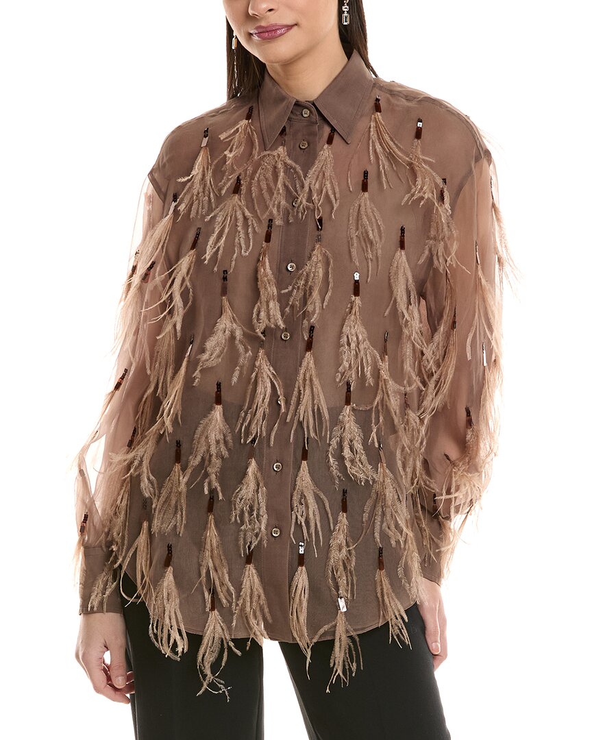 Brunello Cucinelli Feather Trim Silk Blouse In Brown