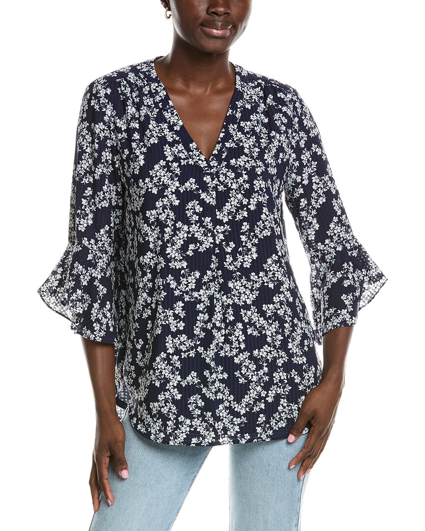 Jones New York Flutter Sleeve Y-neck Blouse In Blue