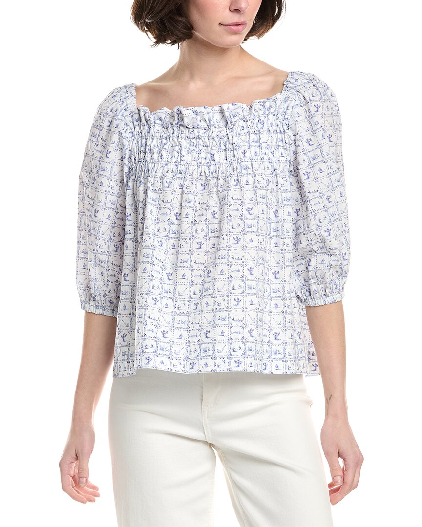 Sara Campbell Square Neck Balloon Sleeve Blouse In Blue