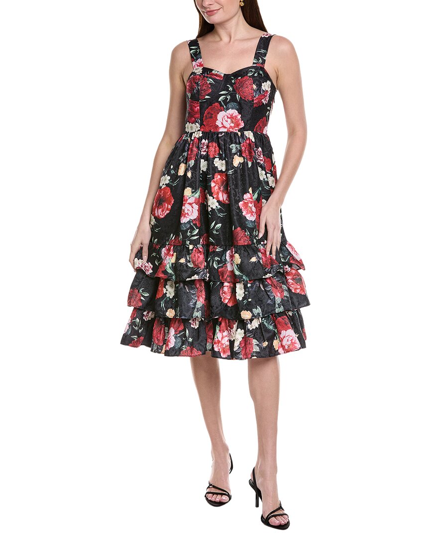 Gracia Floral Sweetheart Sleeveless Tiered A-line Dress In Black