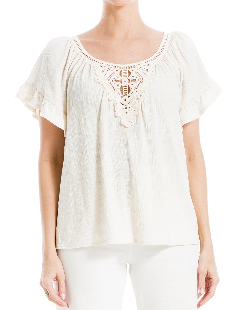 Max Studio Flutter Sleeve Crochet Yoke Knit Top In White
