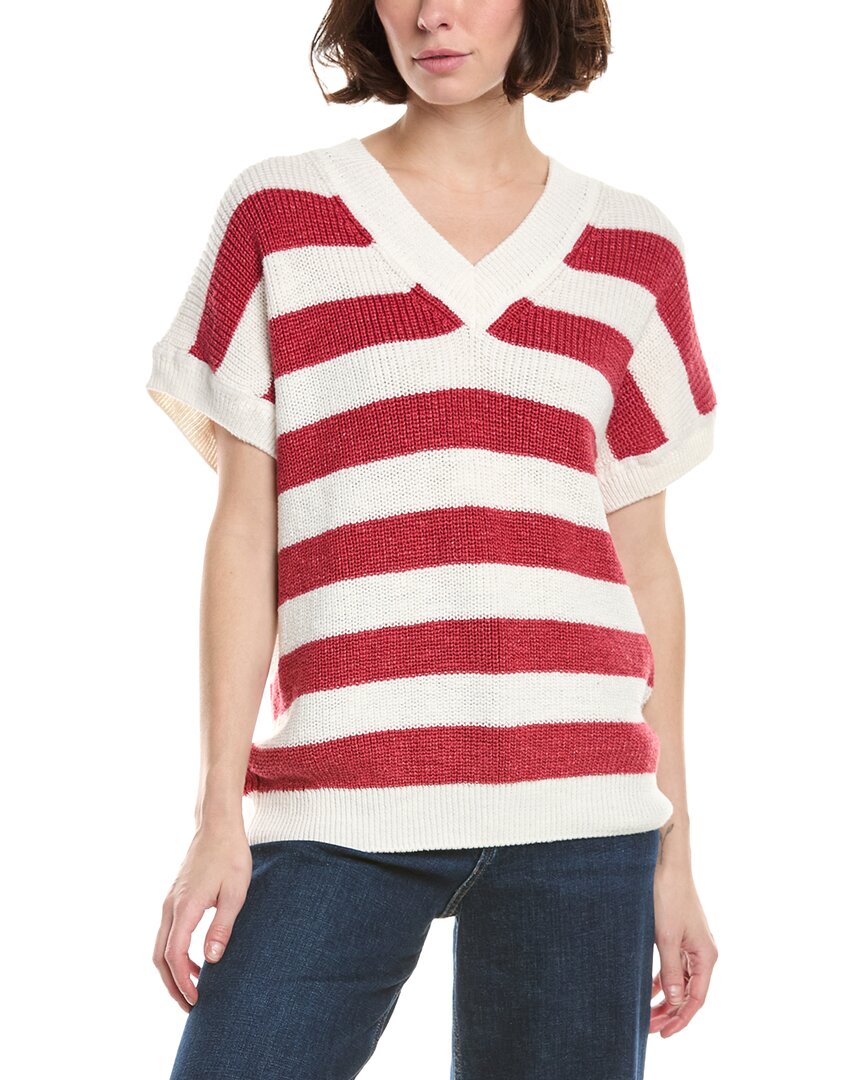 Eleventy Striped V-neck Linen-blend Sweater In Red
